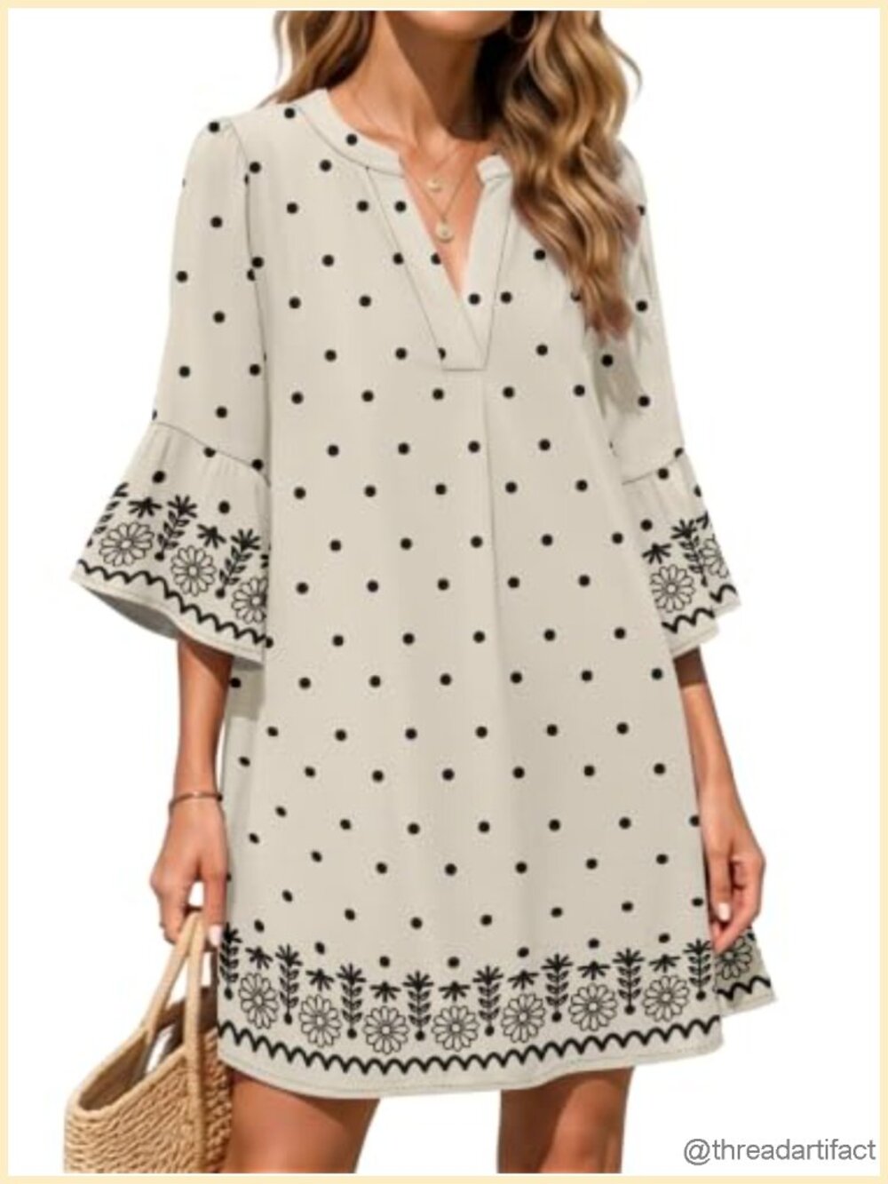 V Neck Ruffle 3/4 Sleeve Shift Dress Casual Loose Fit Boho